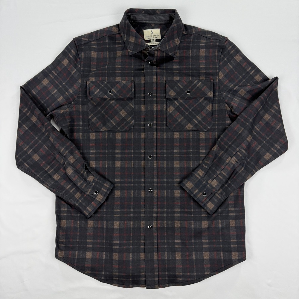 Scott James Shirt Jacket Mens Medium Black Plaid Snap Button Overshirt Stretch